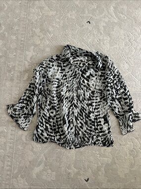 NICOLA Black and White Silk Abstract Print Sheer Button-Down